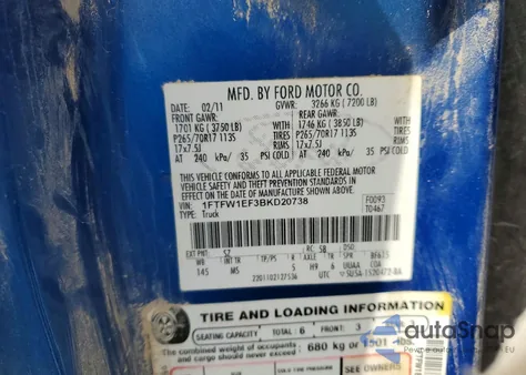 2011 Ford F150 Supercrew z USA, uszkodzony, nr VIN 1FTFW1EF3BKD20738